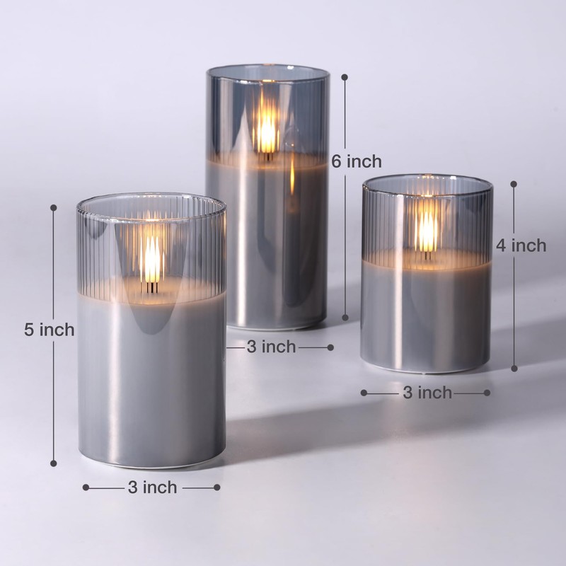 Eywamage Smoke Grey Glass Flameless Candles with Remote, Ribbed LED