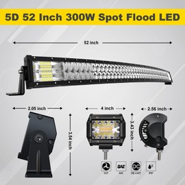FEELON 5D 52'' inch Curved LED Light Bar + 4'' inch White/Amber Yellow LED Pods Strobe Driving Fog Lights Spot Flood Combo Beam Offroad Lighting with Switch Wiring Harness for Truck Pickup ATV