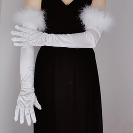 HugeDE 55cm Long Satin Opera Elbow Length Retro Party Bridal Dance Elegant Gloves with Feathers Green