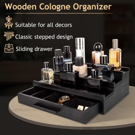 Cokritsm Wooden Cologne Organizer for Men Women, 3 Removable Tier Cologne Display Stand with Drawer Storage Organizer Tray for Bedroom, Display Stand Organiser Black