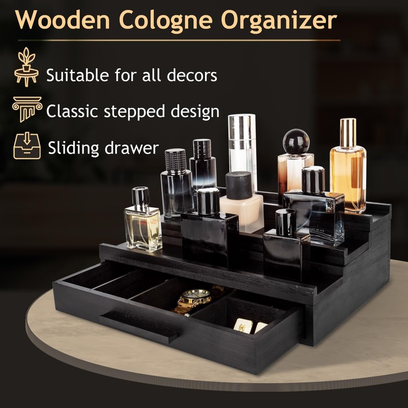 Cokritsm Wooden Cologne Organizer for Men Women, 3 Removable Tier