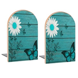 Butterflies Sunflower in Wooden Book Ends Decorative Wood Bookends for Shelves Kids Room Desk Home Office Book Stoppers for Magazines,Books, DVDs, 1 Pair/2 Pieces(5x3.1 in)