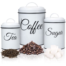 Coffee Tea Sugar Containers for Countertop, 3-Piece Stainless Steel Kitchen Canisters Set, Sugar Jar Coffee Jar with Lids for Fresher Goods, White Farmhouse Kitchen Decor