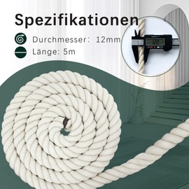 Cotton Rope Cord Cord 12 mm 5 m Rope Cotton Rope Cotton Cord Thick Rope Macrame Yarn Rainbow DIY Set Garden Balcony Home Decoration Rope Beige