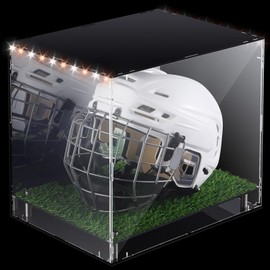 Kigley LED Football Helmet Display Case LED Tricolor Light Strip Full Size Acrylic Helmet Display Case with Mirrored Back with Turf Grass UV Protected Helmet Holder Base for Memorabilia Collectibles