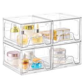 Stebopum 4 Pack Stackable Makeup Organizer, Acrylic Bathroom Makeup Organizer and Storage Drawer with Pull-out Handle, Clear Plastic Storage Bins for Vanity, Pantry, Desk, Undersink, Kitchen Cabinets