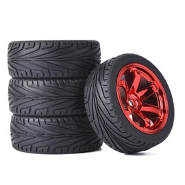 KINGCOO RC Car Tyres and Wheels Set, 4 Pieces 65 mm Rubber Tyres and Plastic Wheels 6 Spoke Rims 12 mm Hex for 1/10 RC On-Road Touring Racing Car for HSP HPI Kyosho Tamiya (Red)