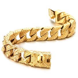COOLSTEELANDBEYOND Gold Skull Charms Snake Skin Pattern Curb Chain Mens Large Steel Bracelet with Pirate Skulls Clasp