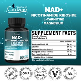 Organic Cadane Nicotinamide Riboside Supplement with L-Carnitine, Magnesium Glycinate, Ashwagandha, Black Pepper | Cellular Health & Wellness Support | Vegan, Non-GMO – 60 Capsules – 30-Day Supply