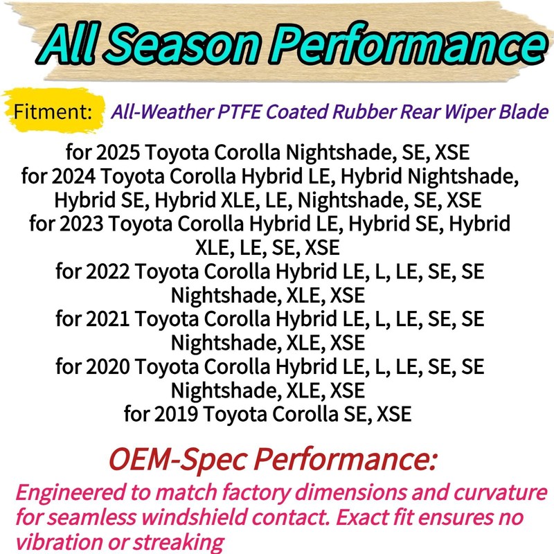 Rear Wiper Blade for Toyota Corolla Hatchback 2019-2025 2024 2023