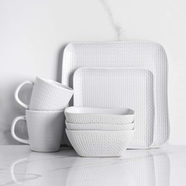 Stone Lain 16 Piece Stoneware Square Weave Dinnerware Set, Service for 4, White