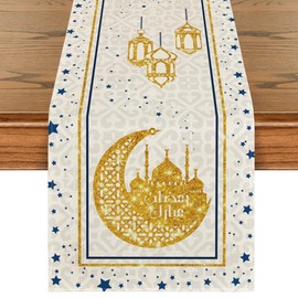 Artoid Mode White Moon Star Golden Ramadan Table Runner, Seasonal Summer Holiday Kitchen Dining Table Decoration for Home Party Decor 13x36 Inch