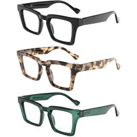 REAVEE 3 Pack Oversized Oprah Style Reading Glasses for Women, Blue Light Blocking Ladies Stylish Square Large Computer Readers with Spring Hinge (Black/Grey Leopard/Green 2.0x)