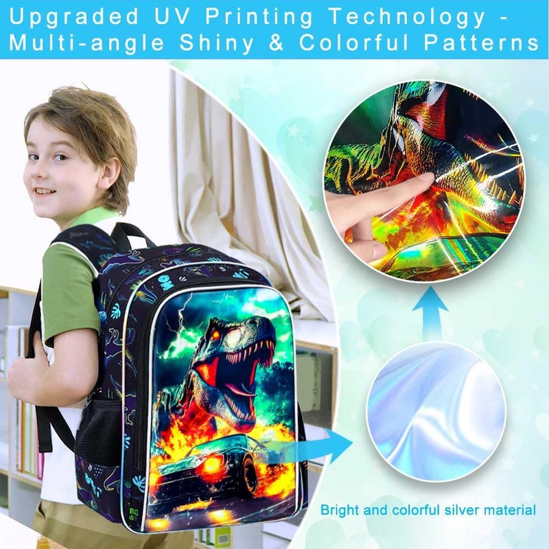 KLFVB 3PCS Dinosaur Bookbag for Boys Set, Water Resistant 16