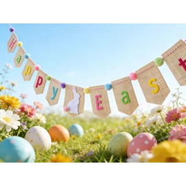 Decoraciones de arpillera de feliz Pascua, guirnalda de Pascua feliz, decoraciones de granja de primavera para manto, pancarta de conejo regalo para niños