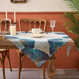 Kiatuniya Tablecloth Modern Blue Green Petrol Gold Ginkgo Biloba Autumn Tablecloth Living Room Decoration Square Table Cloth Turquoise Vintage Tablecloth for Kitchen Table Dining Table 100 x 100 cm