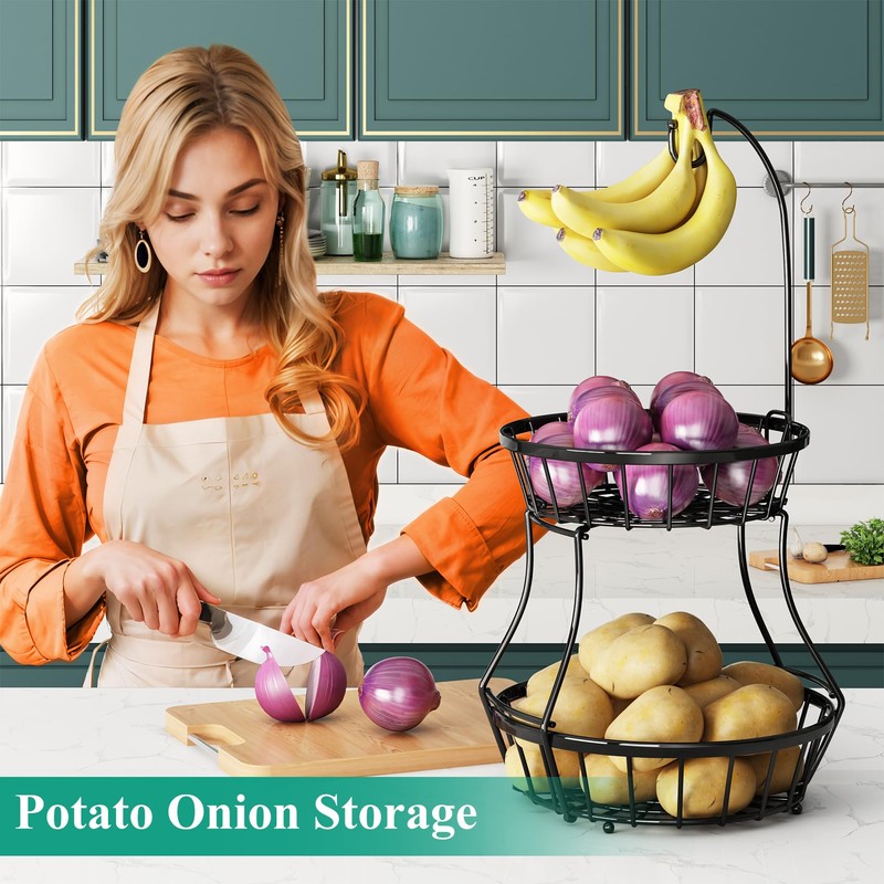 2-Tier Fruit Basket Bowl Stackable Vegetable Storage with Banana Tree