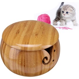 RoseFlower 5.1 Wooden Yarn Bowl - Handmade Yarn Holder Wool Storage Bowl Organizer with Carved Holes and Drills for Knitting and Crocheting