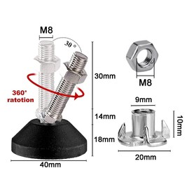 Set of 4 Adjustable Feet M8 x 30 mm, Adjustable Foot with Quiet Non-Slip Rubber Base, Adjustment Screw M8, Can 450 kg, 30° Tilt Adjustment, Machine Feet for Table Legs, Chair Legs, Furniture Legs