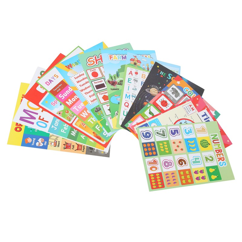 12PCS Educational Posters for Kids Cartoon Learning Poster Waterproof English
