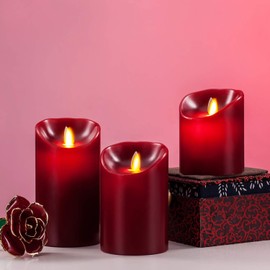 Flameless LED 4/5/6-Inch Drip-Less Wax Pillar Candles - Real Wax & Real Flickering Candle Motion - with Remote 24-Hour Timer Function ,Burgundy Color,Sets of 3