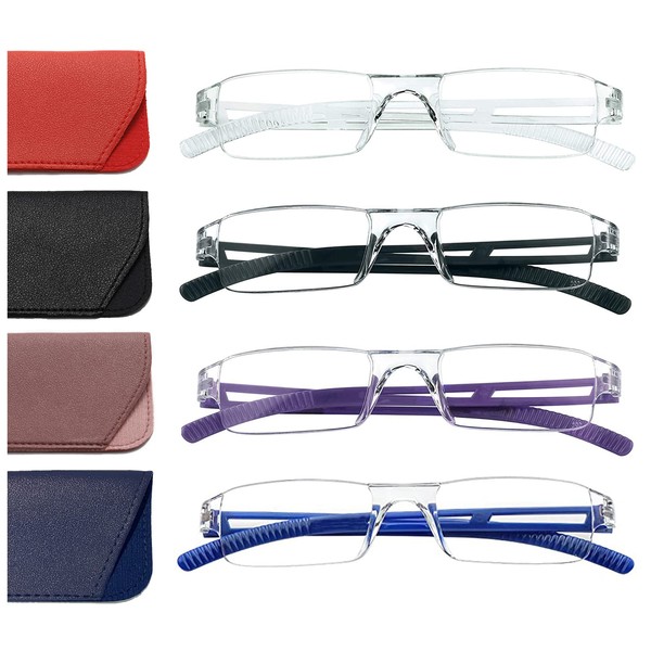 Hubeye 4 pares de anteojos de lectura con luz azul anti luz Rectángulo de moda Lector sin marco Marco transparente Gafas ligeras con estuche de cuero +2.5