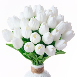 Drewev 30 Pcs White Tulips Artificial Flowers Fake White Tulips Fake Tulip Flowers Real Touch 13" Silk Flower for Bulk Home Kitchen Wedding Party Valentine's Mother's Decorations(White)