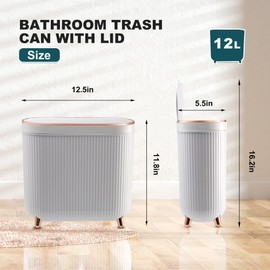 Supteron Bathroom Trash Can with Lid 3.2 Gallon Narrow Trash Can Small Plastic Trash Bin 12 Liter Rectangular Plastic Garbage Can with Press Type Lid for Bedroom Bathroom Milk White