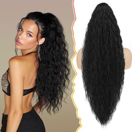 BARSDAR 30 Inch Natural Black Curly Wavy Drawstring Ponytail – Synthetic Comb Clip in Ponytail Hair Extensions for Black Women, Voluminous Natural Looking Bohemian Pony Tails Hairpieces