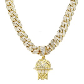 Xikui Miami Cuban Pendant Necklace, Ice Out Chain Necklace, Sport Fan Necklace, Hip-Hop Jewelry for Men Women, 20inch (gold basketball)