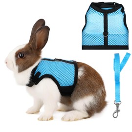 Bunny Harness and Leash Set, Adjustable Breathable Mesh Rabbit Vest with Double Buckles, Escape Proof Walking Training for Kittens, Rabbits, Ferrets, Guinea Pigs, Small Pets, Light Blue, Size M