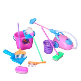 E-TING Cleaning Kit - 9PCS Dollhouse Miniature Playsets, Housework Supplies Tools Furniture Decoration Vacuum, Mop Dust Pan, Brush, Broom, Bucket Accessories for 7-11.5 inch Dolls
