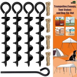 Eurmax USA Canopy Tent Stakes Dog Tie Out Stakes Corkscrew Shape Steel Trampoline Stakes with Iron Rod Installation Tool & 4 Wind Ropes - Set of 4 (Black)