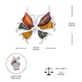 AMBEDORA Polished Sterling Silver Colourful Baltic Amber Butterfly Fantasy Brooch, Sterling Silver, Amber