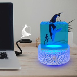 Fincoly LED-Stimmungsnachtlicht, Touch-Fernbedienung, 16 Farbwechsel, 4 Modi, dimmbar, handgefertigt, Meereswelt, handgefertigt, Hai, Wal, Taucher, Ozean, Tier, Tischlampe für Jungen, Mädchen,
