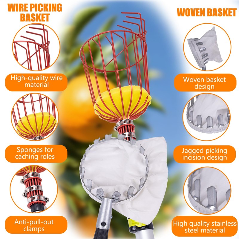 20FT Telescopic Fruit Picker With Wire Basket and Woven Basket,Adjustable