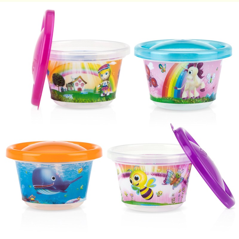 Nuby 4-Pack Stackable Printed Wash or Toss Snack Cups, 4