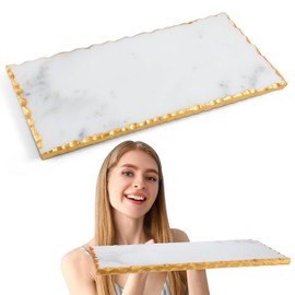 Newtay Marble Tray with Golden Foiling Natural Marble Board White Marble Slab Candle Plate Marble Tray for Kitchen Counter Cheese Charcuterie Wedding Gift House Warming Gift(12" X 6")