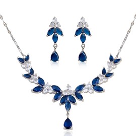 Bridal Jewelry Set for Wedding - Women's 14k White Gold Plated Blue Sapphire Teardrop Cubic Zirconia Crystal CZ Cluster Floral Leaf Dangle Earring Necklace Set for Bride Bridesmaids Party Prom Gift
