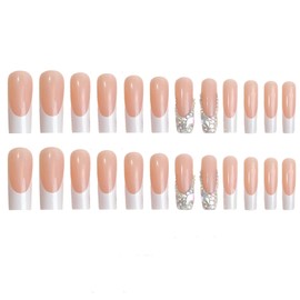 FORBELOVED NAILS|French Tip-White Press On Nails|Long Square Stick On Nails|Glitter Muti Colorful Gems False Nails For Women And Girls|12 Sizes-24Pcs with Glue|(White)