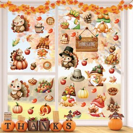 Ausril Thanksgiving Window Stickers,Thanksgiving Turkey Window Clings,Fall Gnomes Sticker for Glass,Fall Pumpkin Corn Fruit Wall Decals,Autumn Harvest Season Wall Stickers for Farmhouse Home Kitchen