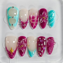 Handmade Press on Nails Almond Medium 3D Floral French Tip Thick Acrylic Fake Nails False Nails with Ice Flower Rhinestones Water Ripple Designs Purple&Blue Sturdy Nail Art Press on Nails 10Pcs(M)