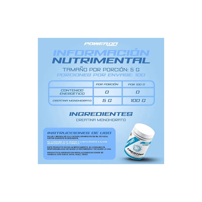 Creatina Monohidratada Power On 100 Servs 500g Sin Sabor
