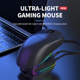 Ultra Lightweight 45G Tri-Mode Wireless Mouse with Charging Dock, Bluetooth, 2.4G & USB-C Wired Rechargeable RGB Mouse, Up to 12000 DPI, 1K Polling Rate, Ergonomic Mouse for PC Laptop Work & Gaming