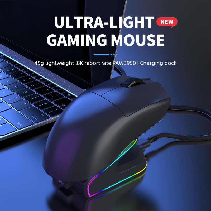 Ultra Lightweight 45G Tri-Mode Wireless Mouse with Charging Dock, Bluetooth,