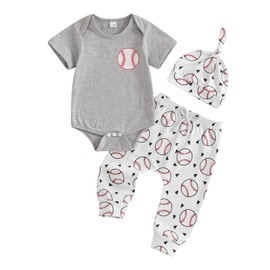 Lamuusaa Newborn Baby Boy Baseball Outfit Short Sleeve Baseball Romper Onesie Long Pants Hat 3Pcs Summer Clothes 0-18M (Grey, 3-6 Months)