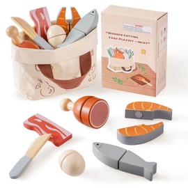 ROBOTIME Wooden Play Food Cutting Meat & Eggs Set, Pretend Play Toy Food for Play Kitchen with Shopping Bag – Kids Kitchen Accessories, Wooden Food Toys for Boys & Girls