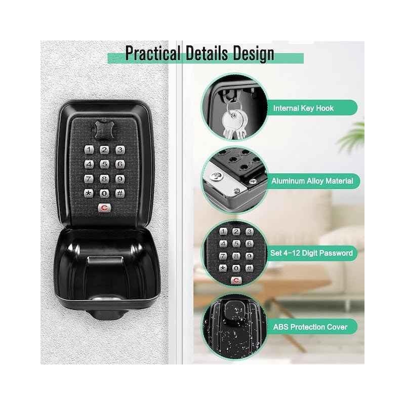 Key Lock Box, Wall Mounted Key Storage Box with 12-Digit