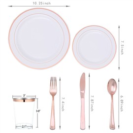 WELLIFE 150 Pcs Rose Gold Plastic Plates with Disposable Rose Gold Cutlery, Includes: 25 Dinner Plate 10.25", 25 Dessert Plates 7.5", 25 Cups 9OZ and 25 Silverware for Wedding