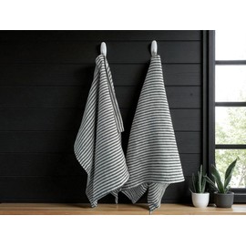 Eight Owls Stonewashed Linen Kitchen Dish Towels - 20 x 27 inch – 100% Pure Linen Tea Towel/Hand Towel - Set of 2 (Charcoal Stripe)